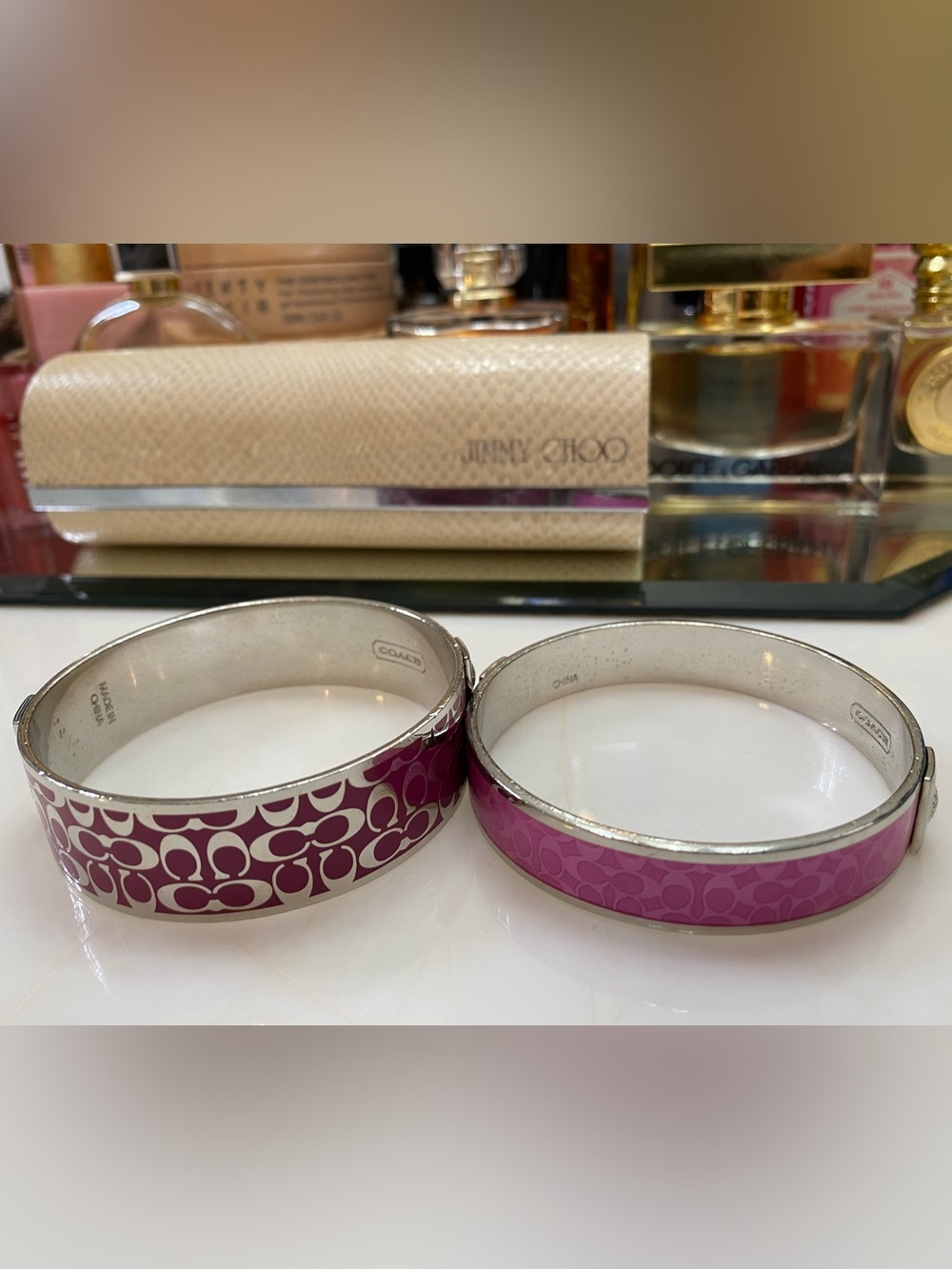 Coach Signature C Wide & Poppy Thin Silver Enamel Bangle Set, Magenta/Light Pink - Picture 6 of 8